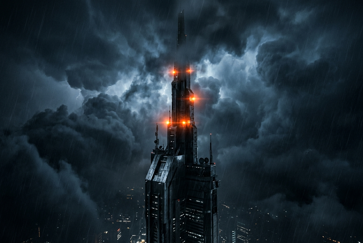 Halcyon downtown spire rising into rain clouds