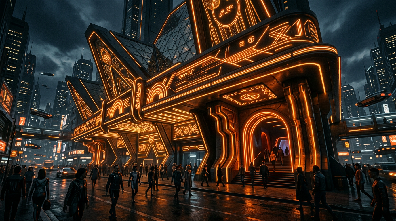 Cinematic wide shot of a dark theater hall with orange neon signal lighting