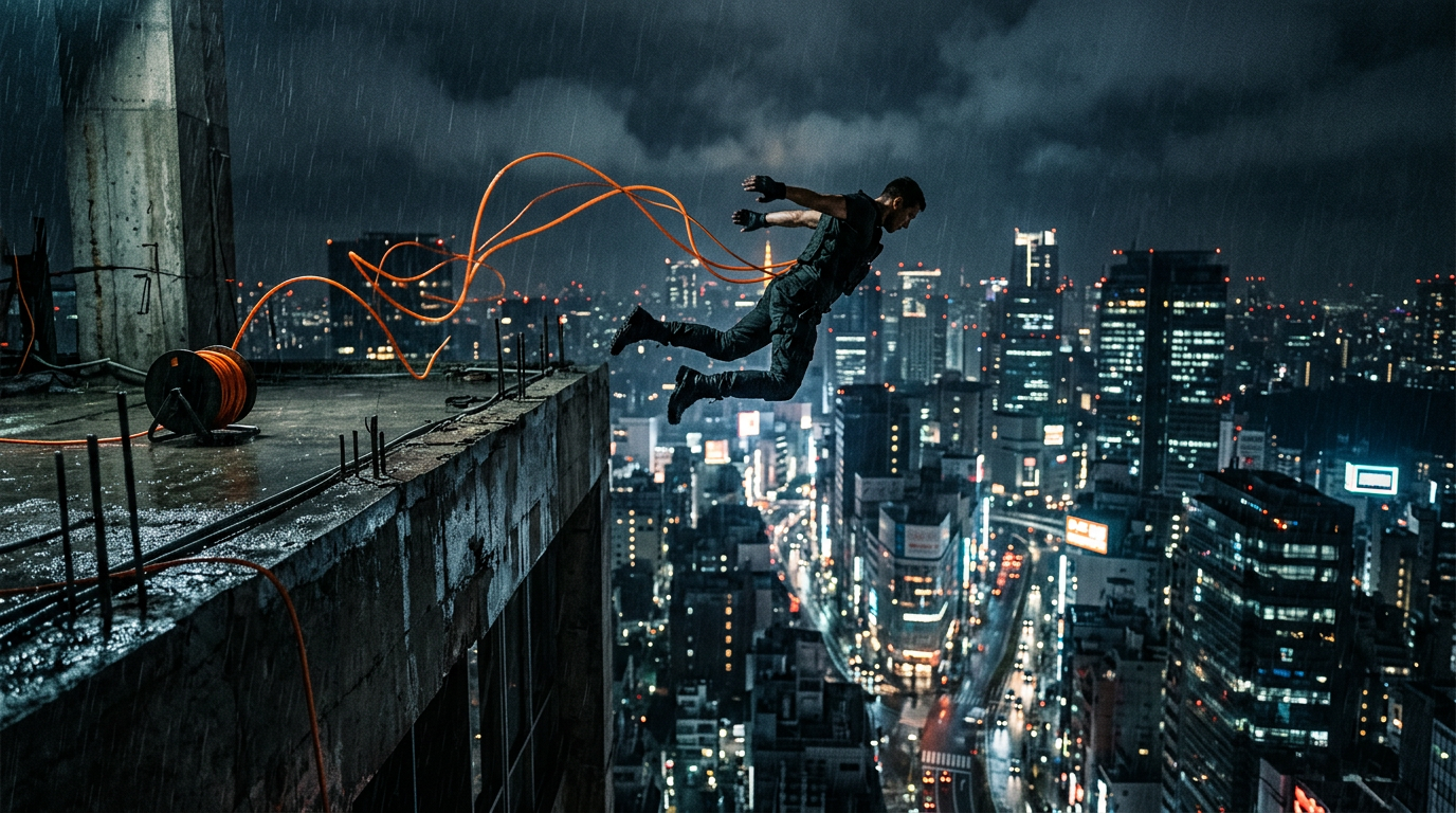 A figure leaping off a high ledge into Halcyon at night